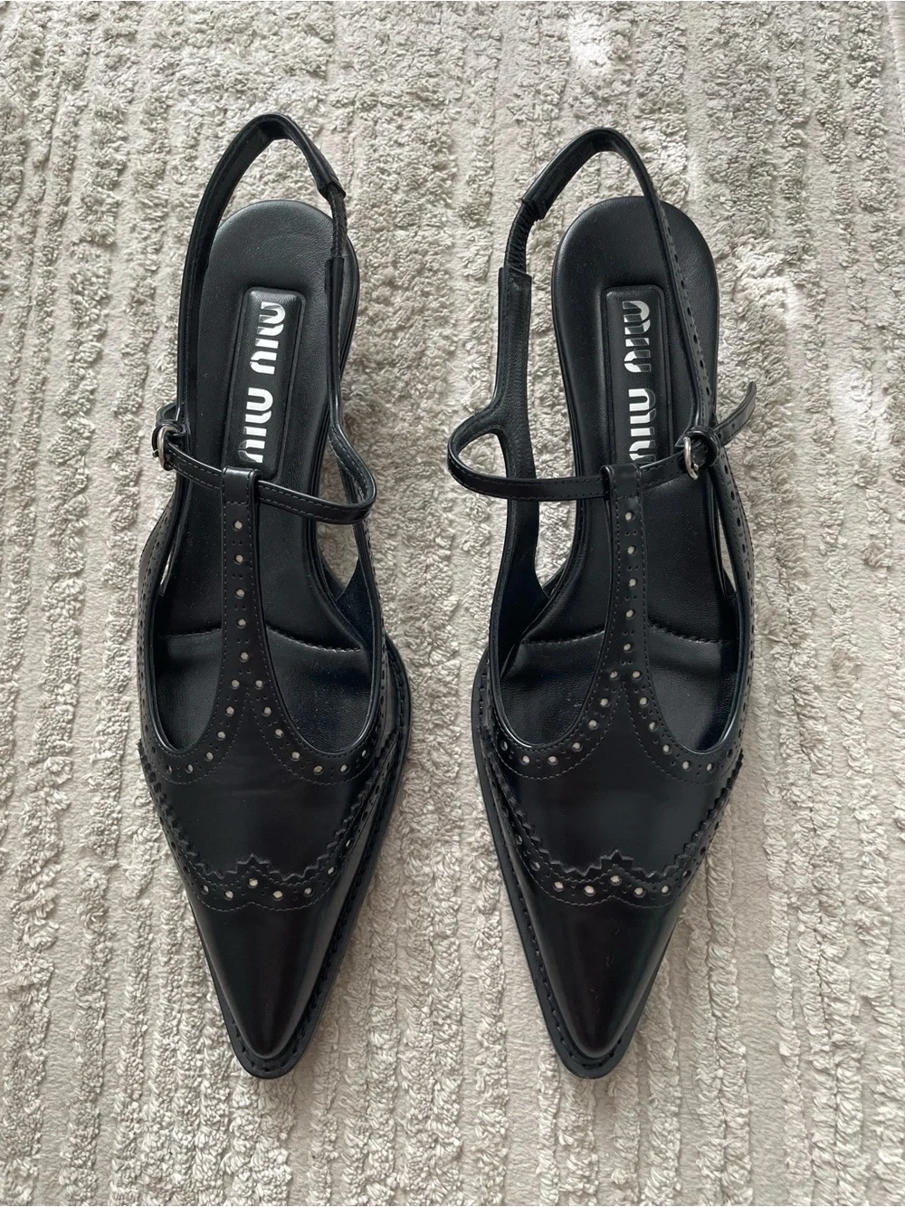 Miu Miu Brushed leather brogue slingback T-strap kitten heels